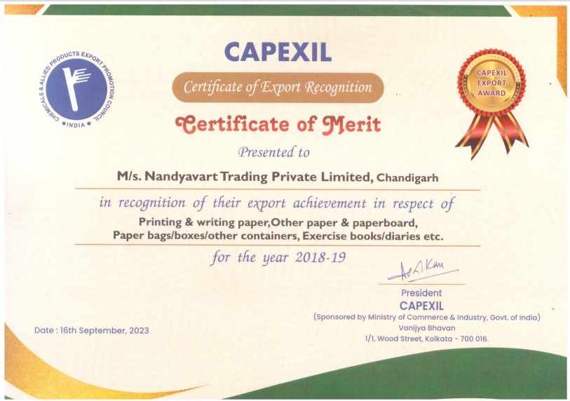 Nandyavart Group Merit Certificate 2018-19 for Export Excellence