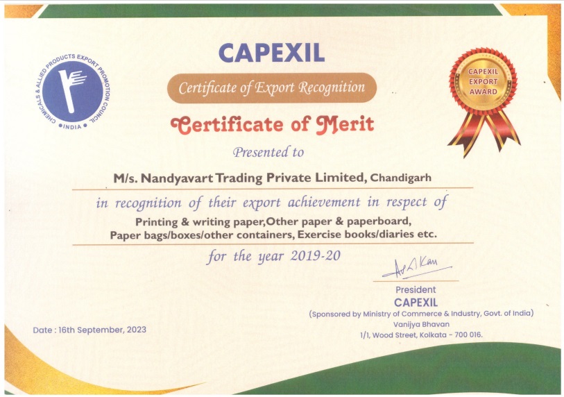 Nandyavart Group Merit Certificate 2019-20 for Export Excellence