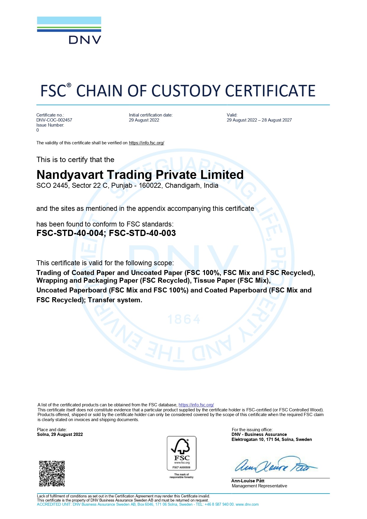 FSC Certificate for sustainable paper sourcing
