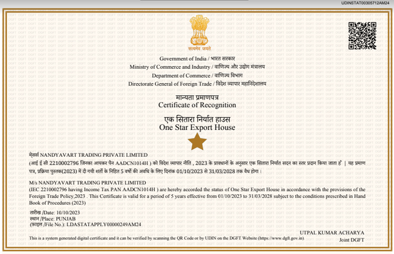 Nandyavart Group's One Star Export House Recognition Certificate